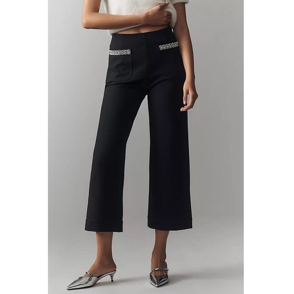 Anthropologie Colette Cropped Wide Leg Pants Maeve Rhinestone Pocket Black 29P